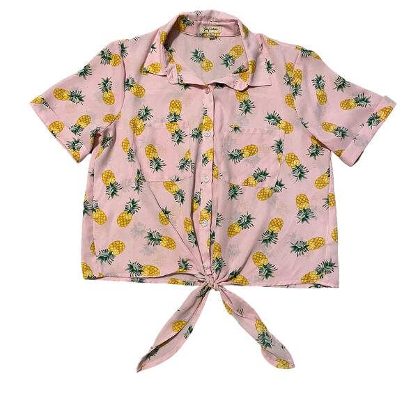 Lily White Pineapple Fruit Crop Tie Front Top / Blouse Short Sleeve Semi Sheeryu - Picture 2 of 7